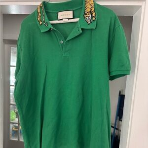 Gucci Green Polo with Tiger-Embroidered Collar